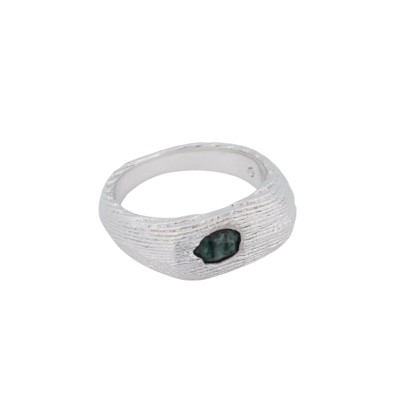 Product shot of a cuttlefish cast oval signet ring with a rose-cut emerald