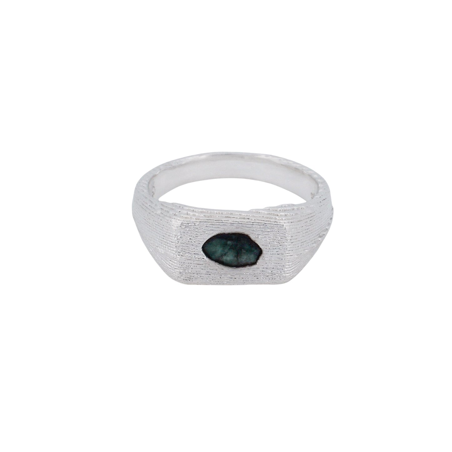 Product shot of sterling silver signet with centered rose-cut emerald