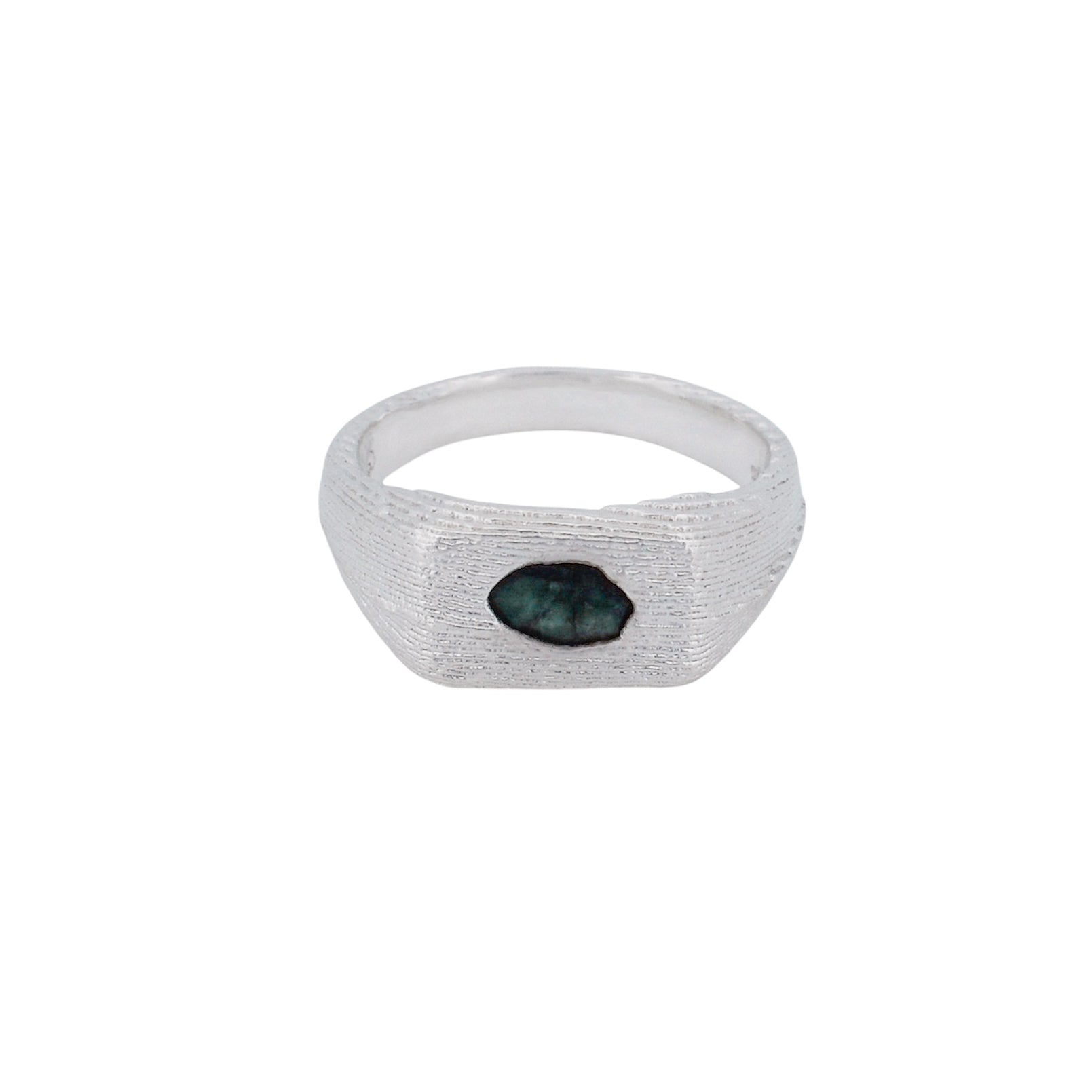 Product shot of sterling silver signet with centered rose-cut emerald