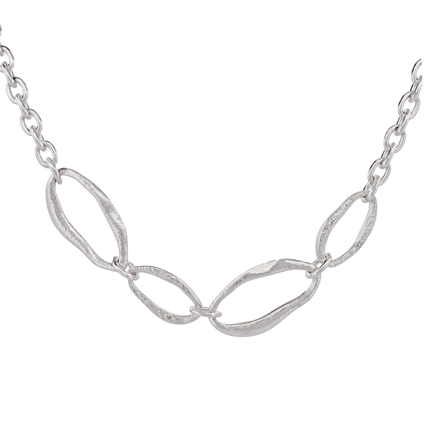 Sterling silver necklace with four sculptural link in mixed textures on a cable chain