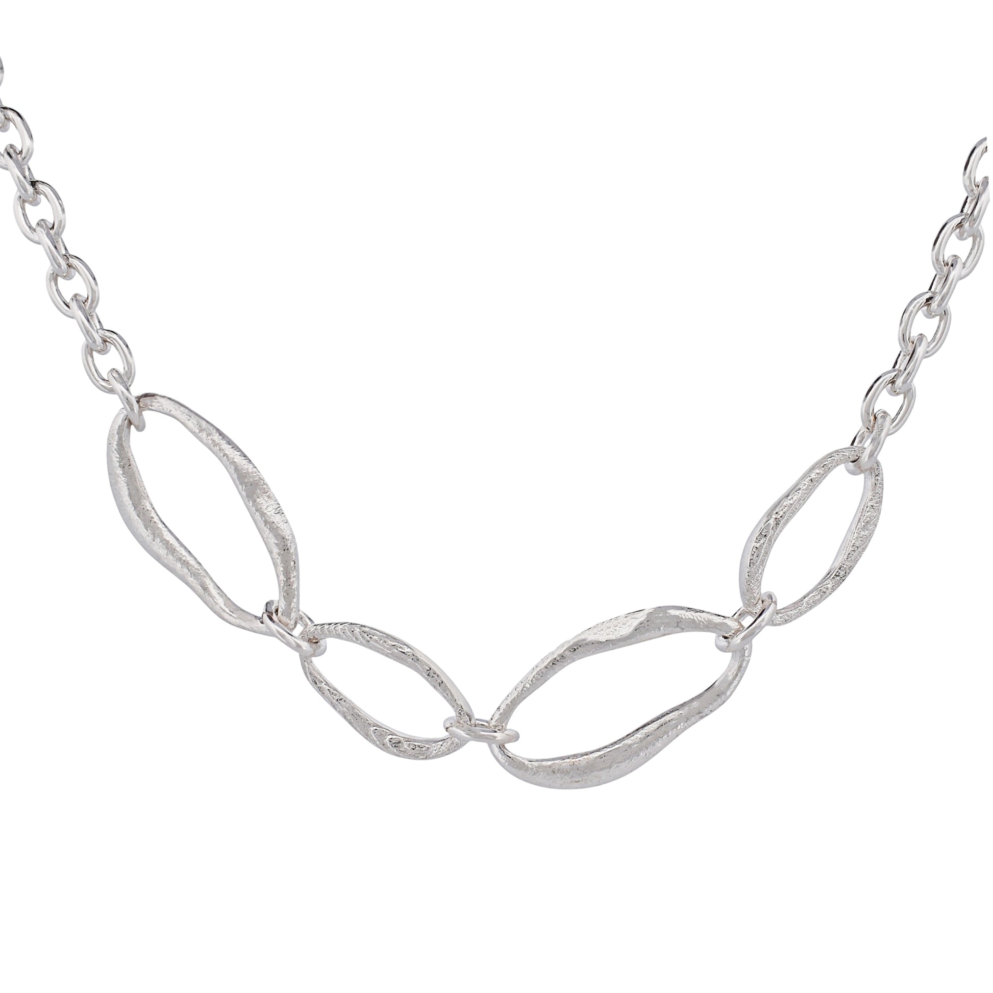 Sterling silver necklace with four sculptural link in mixed textures on a cable chain