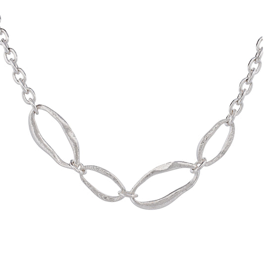 Sterling silver necklace with four sculptural link in mixed textures on a cable chain