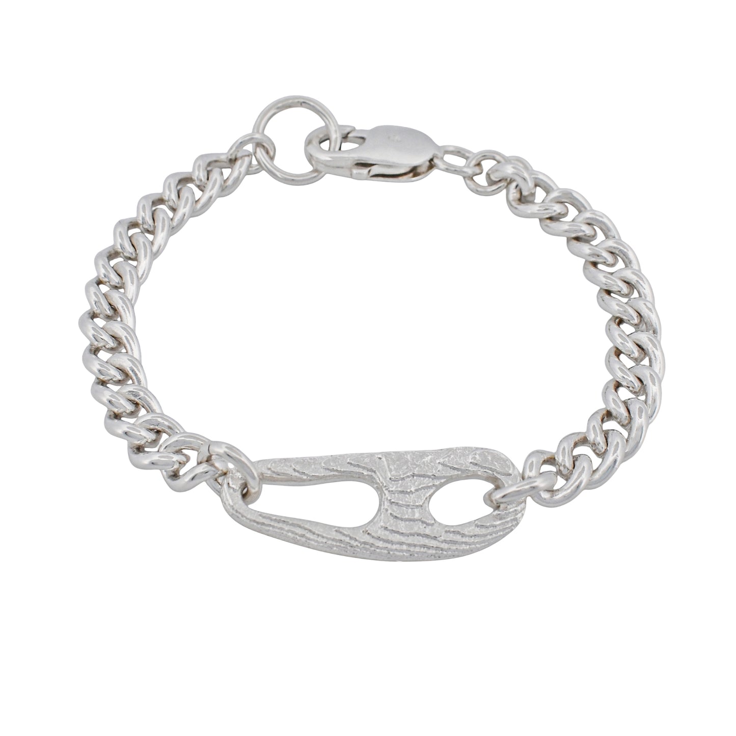 Ethically and consciously crafted from 100% recycled solid sterling silver.

Handcrafted in cuttlebone, featuring an irregular, open sculptural link.