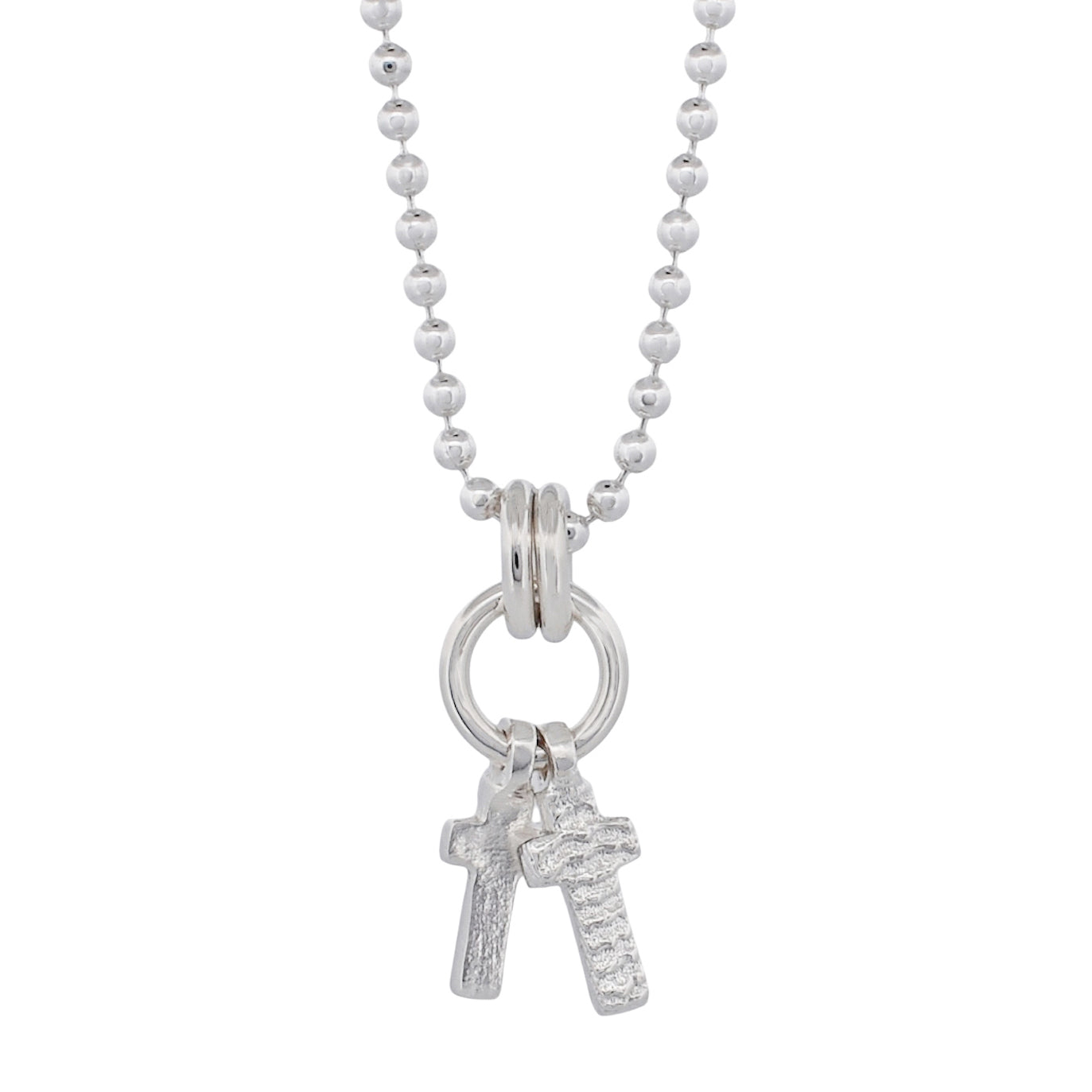Sterling silver double cross necklace on a ball chain